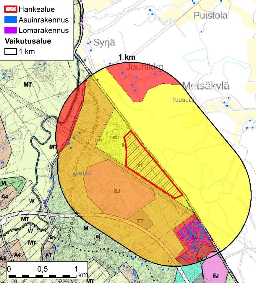 Ympäristövaikutusten arviointiohjelma 19.2.2019 1 (11) 1 Vaikutusalueen herkkyys yhdyskuntarakenteen kannalta Kuva 1.1. Hankkeen vaikutusten yhdyskuntarakenteeseen arvioidaan ulottuvan enintään kilometrin etäisyydelle hankealueesta.