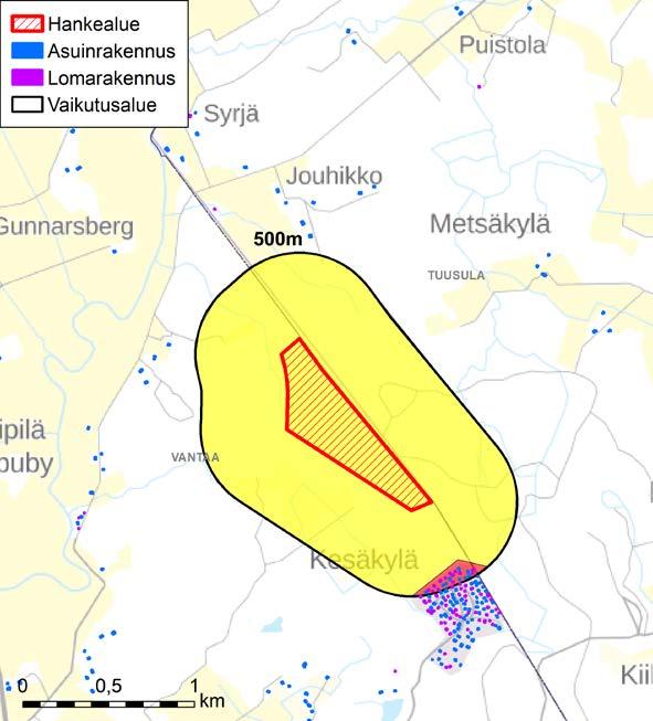 Ympäristövaikutusten arviointiohjelma 19.2.2019 10 (11) 10 Vaikutusalueen herkkyys pölyn ja ilmapäästöjen kannalta Kuva 10.1. Hankkeen pölyn ja päästöjen ilmaan arvioidaan ulottuvan enintään 500 metrin etäisyydelle hankealueesta.