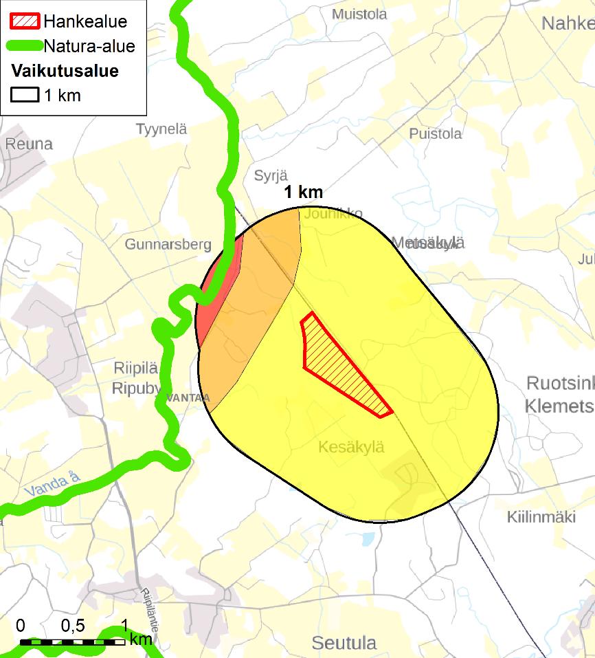 Ympäristövaikutusten arviointiohjelma 19.2.2019 3 (11) 3 Vaikutusalueen herkkyys kasvillisuuden, eliöiden ja luonnon monimuotoisuuden kannalta Kuva 3.1. Hankkeen vaikutusten kasvillisuuteen, eliöihin ja luonnon monimuotoisuuteen arvioidaan ulottuvan enintään kilometrin etäisyydelle hankealueesta.