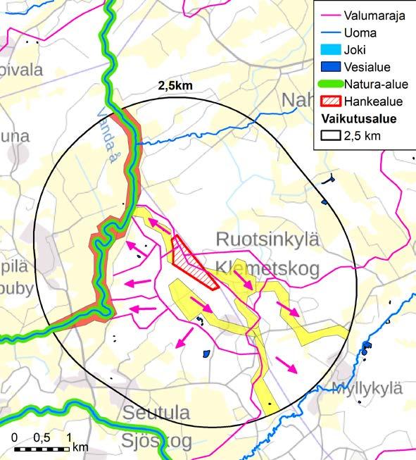 Ympäristövaikutusten arviointiohjelma 19.2.2019 5 (11) 5 Vaikutusalueen herkkyys pintavesien kannalta Kuva 5.1. Hankkeen vaikutusten pintavesiin arvioidaan ulottuvan enintään 2,5 km etäisyydelle hankealueesta.