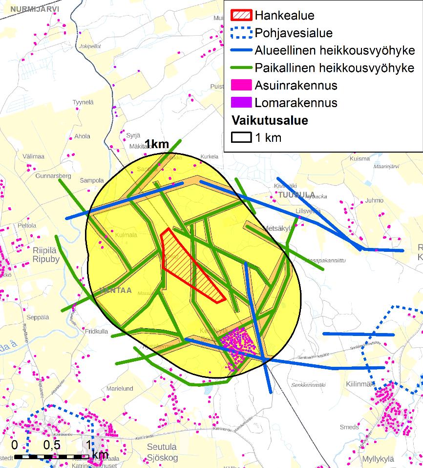 Ympäristövaikutusten arviointiohjelma 19.2.2019 6 (11) 6 Vaikutusalueen herkkyys pohjavesien kannalta Kuva 6.1. Hankkeen vaikutusten pohjavesiin arvioidaan ulottuvan enintään kilometrin etäisyydelle hankealueesta.