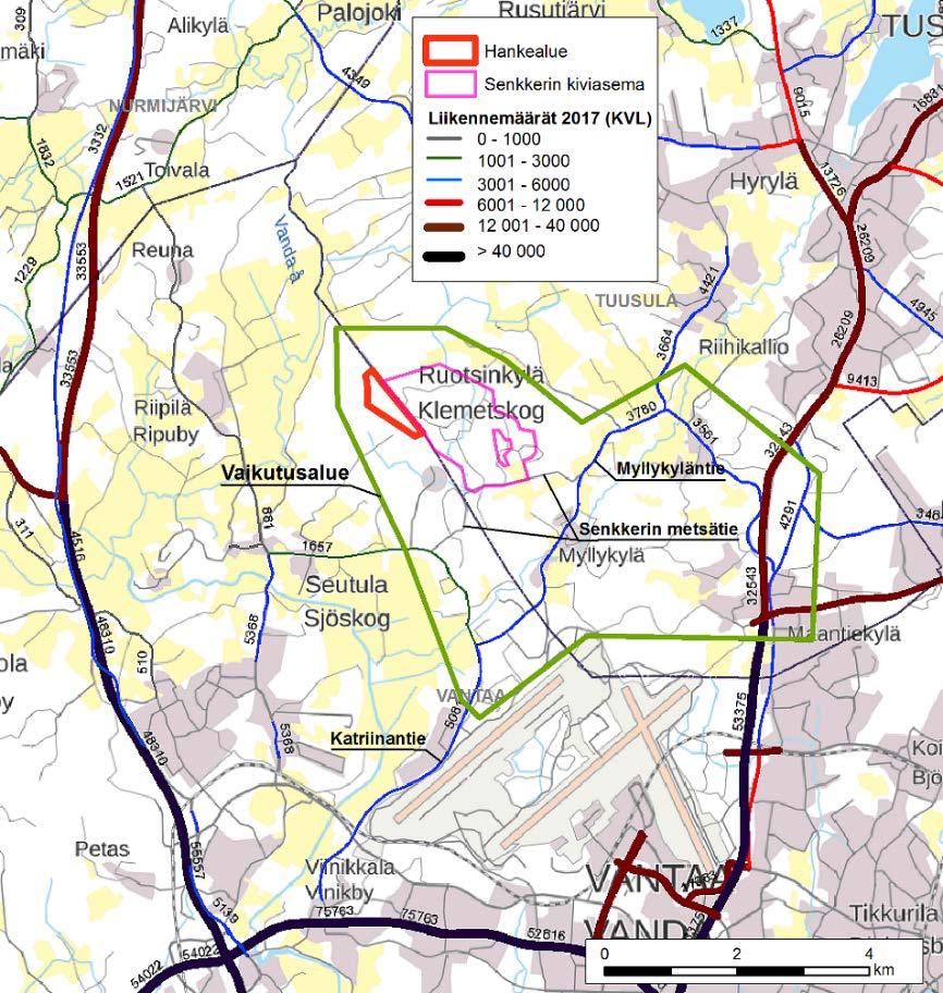 Ympäristövaikutusten arviointiohjelma 19.2.2019 7 (11) 7 Vaikutusalueen herkkyys liikenteen kannalta Kuva 7.1. Karttaan on piirretty alue, johon hankkeella voi olla liikenteellisiä vaikutuksia.