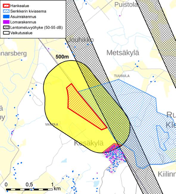 Ympäristövaikutusten arviointiohjelma 19.2.2019 8 (11) 8 Vaikutusalueen herkkyys melun kannalta Kuva 8.1. Hankkeen meluvaikutusten arvioidaan ulottuvan enintään 500 metrin etäisyydelle hankealueesta.