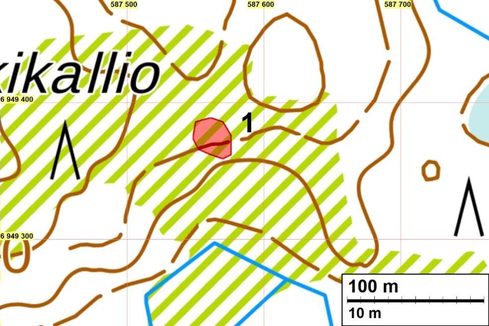 10 Kiinteä muinaisjäännös 1 OUTOKUMPU PUKKIKALLIO Mjtunnus: Laji: Tyyppi: Ajoitus: uusi kohde kiinteä muinaisjäännös tervahauta historiallinen Koordin: N 6949 378 E 587 560 z noin 108 Tutkijat: Teemu