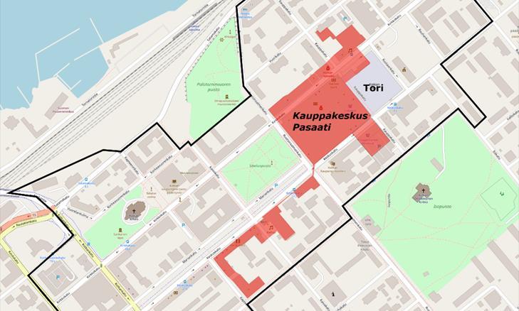 Keskusta-alueen rajaus: Kotkan keskusta Keskusta-alueen muodostavat ns. kuumat korttelit ja sitä ympäröivä +200 m elävä keskustavyöhyke*.