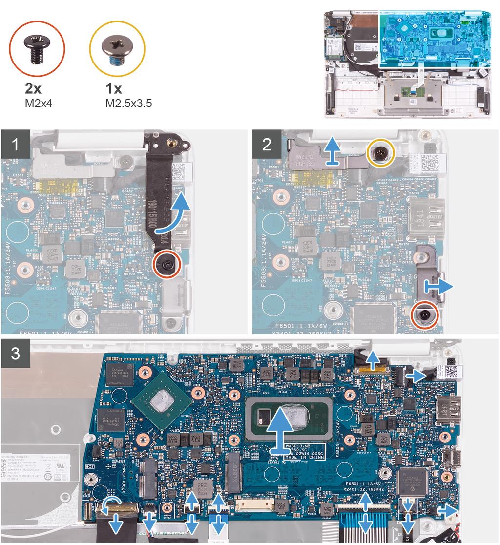 6 Irrota tuuletin. 7 Irrota jäähdytyselementti. Kuvassa esitetään emolevyn sijainti ja havainnekuva sen irrottamisesta. 1 Irrota ruuvi (M2x4), jolla näytön oikeanpuoleinen sarana kiinnittyy emolevyyn.