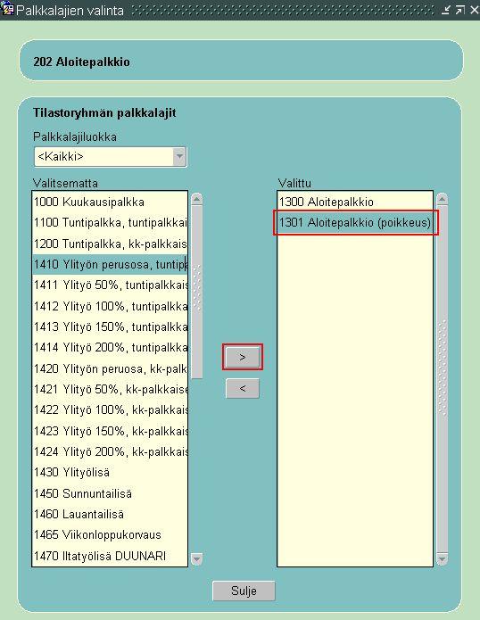 20(30) Vakuuttamisen poikkeustilanteen aiheuttavan palkkalajin linkittäminen tulolajiryhmään Kun palkkalajin asetukset ovat kunnossa, linkitetään palkkalaji oikeaan tulolajiryhmään. 1.