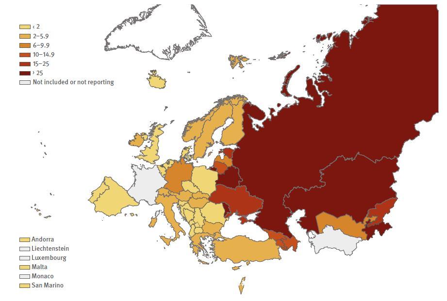 Kuva 12. Lääkkeille vastustuskykyisten tuberkuloositapausten prosentuaalinen osuus mikrobiologisesti varmistetuista uusista keuhkotuberkuloositapauksista WHO:n Euroopan alueella vuonna 2017.