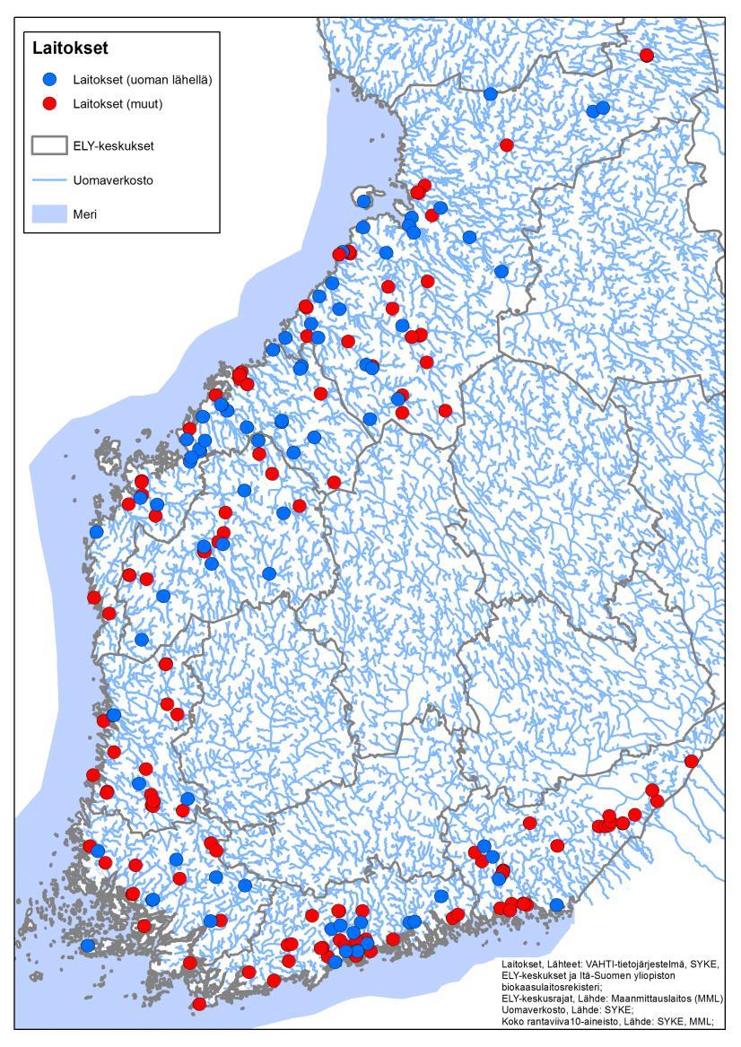 Rannikon ely-keskusten jätetoimipisteet uomaverkostoon nähden - Jätetoimipisteiden etäisyys linnuntietä mereen 60 m 180 km - Lähimpänä siirtokuormausta, kaatopaikkoja, kompostointia -