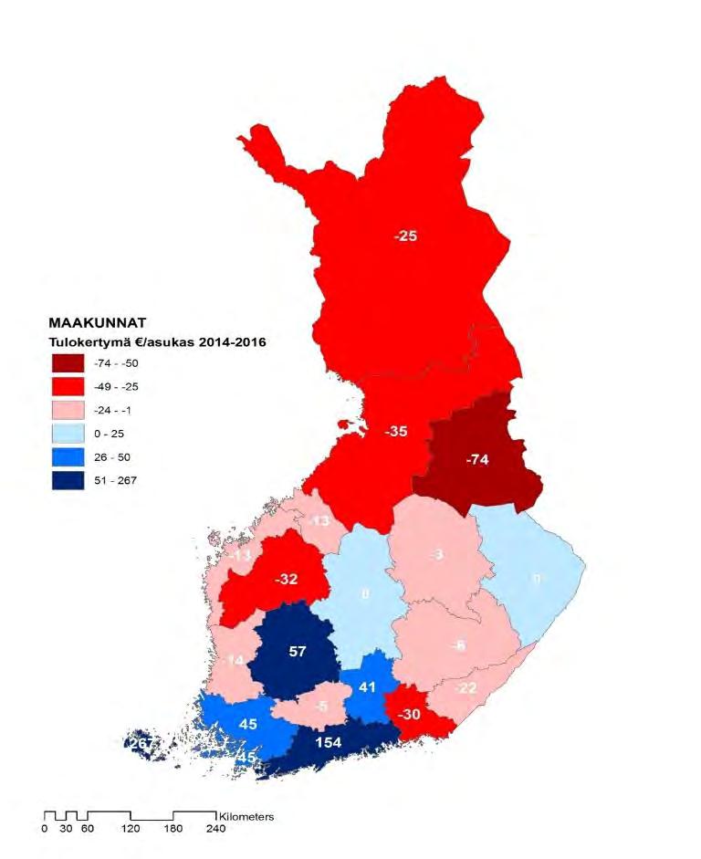 Uudenmaan muuttoliikkeen laskennallinen tulokertymä 2014-2016 Muuttoliikkeen laskennallisessa tulokertymässä huomioidaan kaikkien alueen tulo- ja lähtömuuttajien yhteenlasketut tulot