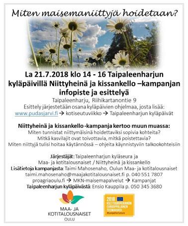 Tapahtumamainos 17.7.2018: Kampanja mukana Taipaleenharjun kyläpäivillä 21.7. Miten maisemaniittyjä hoidetaan?
