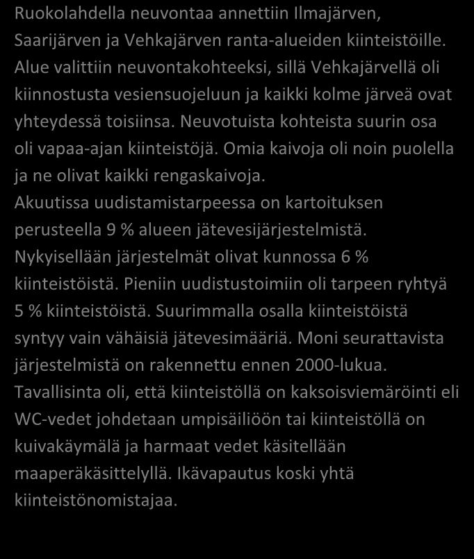 (kyllä/ ei) 16 / 48 25 / 75 Laittomat tapaukset Ruokolahdella neuvontaa annettiin Ilmajärven, Saarijärven ja Vehkajärven ranta-alueiden kiinteistöille.
