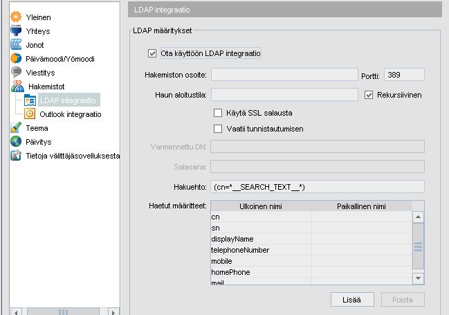 Hakemiston osoite tähän kenttään merkitään LDAP hakemiston palvelimen verkkoosoite Portti porttinumero täytyy määritellä. Tiedon saa järjestelmän pääkäyttäjältä.