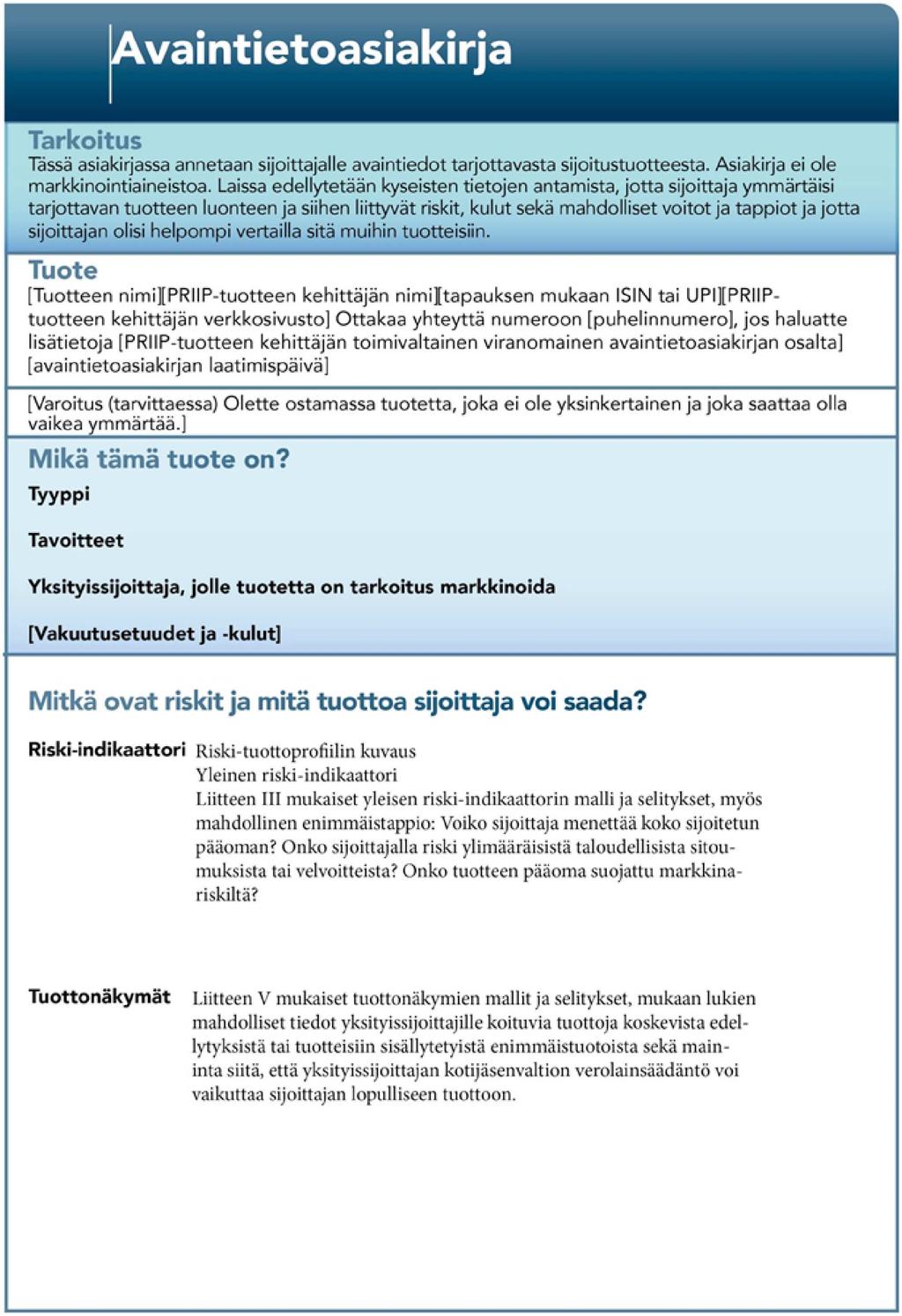 12.4.2017 L 100/13 LIITE I AVAINTIETOASIAKIRJAN MALLI PRIIP-tuotteiden kehittäjien on noudatettava mallissa esitettyjen osioiden järjestystä ja otsikkoja.
