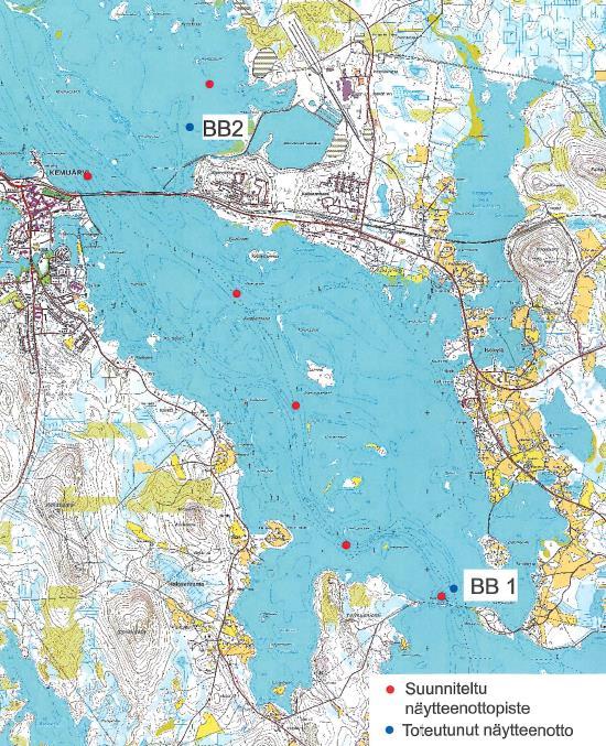 Kuva 2. Sedimenttitutkimuksen näytteenottopisteet. 3. SEDIMENTIN KOOSTUMUS Näytteet analysoitiin pääosin Ahma ympäristö Oy:n laboratoriossa (akkreditoitu testauslaboratorio T131).