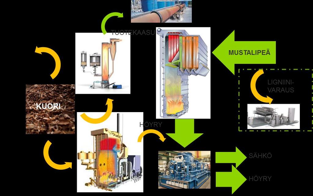 16 Kuva 1-3. Biotuotetehtaan energiakonsepti. Biotuotetehdas tuottaa integraatin tarvitseman energian (Kuva 1-3). Kuoresta kaasutetaan tuotekaasua meesauunilla käytettäväksi.