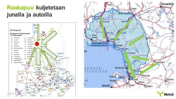 98 Kuva 8-1. Raakapuun kuljetukset junalla ja autolla alustavasti. Liikenteestä aiheutuvien päästöjen vaikutusten arviointia on kuvattu kappaleessa 8.2.