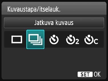 i Jatkuva kuvausn Voit kuvata jopa noin 3 kuvaa sekunnissa. Tämä sopii esimerkiksi tilanteisiin, joissa lapsi juoksee sinua kohti ja haluat tallentaa eri ilmeet. 1 2 3 Paina <Yij> -painiketta.