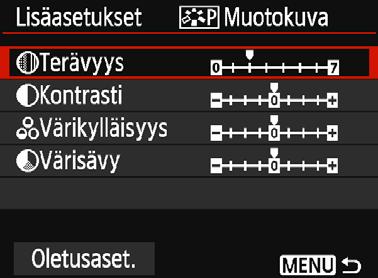 A Kuvaominaisuuksien mukauttaminenn Voit mukauttaa kuva-asetusta säätämällä yksittäisiä parametrejä, kuten [Terävyys] ja [Kontrasti] oletuksesta poikkeaviksi.