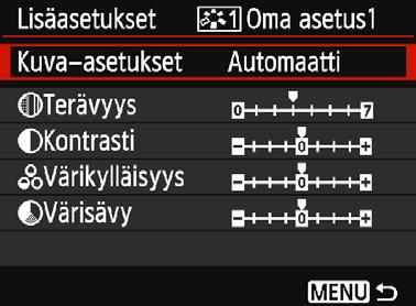 A Ensisijaisten kuvaominaisuuksien tallentaminenn Voit valita jonkin peruskuva-asetuksen, kuten [Muotokuva] tai [Maisema], säätää sen parametrejä ja tallentaa sen [Oma asetus 1]-, [Oma asetus 2]- tai