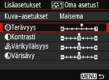 A Ensisijaisten kuvaominaisuuksien tallentaminenn 5 Valitse parametri. Valitse parametri, kuten [Terävyys], ja paina sitten <0>-painiketta. 6 Määritä parametri.