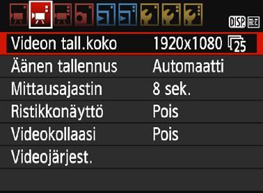 3 Valikkotoimintojen asetukset [k2] Videon tallennuskoko Voit määrittää videon tallennuskoon (kuvan koko ja kuvataajuus). Lisätietoja on sivulla 168.