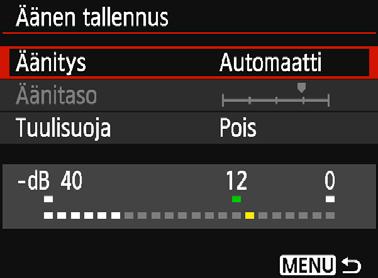 Tasomittari [Äänitys]- ja [Äänitaso]-asetukset [Automaatti]: Äänitaso säädetään automaattisesti. Automaattinen tallennustason ohjaus toimii automaattisesti äänenvoimakkuuden mukaan.