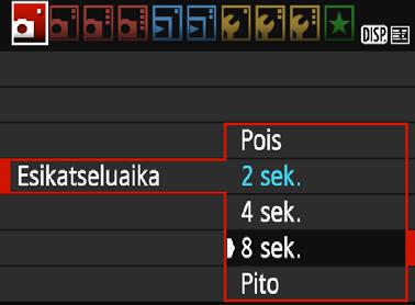 3 Kuvien esikatseluajan määrittäminen Voit määrittää sen, miten kauan otettu kuva näkyy LCD-näytössä heti ottamisen jälkeen.