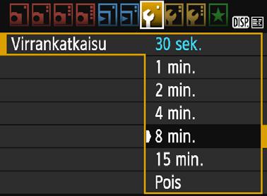 Kätevät ominaisuudet 3 Automaattisen virrankatkaisun aikarajan määrittäminen Kamera säästää akkua katkaisemalla virran automaattisesti, kun kamera on ollut käyttämättömänä määritetyn ajan.