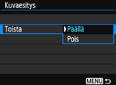 3 Kuvaesitys (Automaattinen toisto) Asetus jkaikki kuvat ipäiväys nkansio kvideot zstillkuvat 9Luokitus Toiston kuvaus Kaikki kortin stillkuvat ja videot toistetaan.