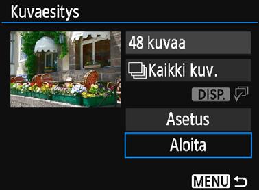 224 Keskeytä kuvaesitys painamalla <0>-painiketta. Kun toisto on keskeytettynä, kuvan vasemmassa yläkulmassa näkyy [G]. Jatka kuvaesitystä painamalla uudelleen <0>-painiketta.