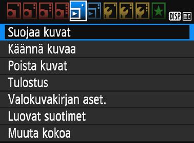 K Kuvien suojaaminen Voit määrittää tärkeisiin kuviin suojauksen, joka estää niiden tahattoman poistamisen. 3 Yhden kuvan suojaaminen 1 2 Valitse [Suojaa kuvat].