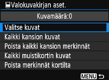 Tällä toiminnolla voi kätevästi järjestää valokuvakirjoja verkossa ja tulostaa niitä. Yhden kuvan määrittäminen kerrallaan 1 Valitse [Valokuvakirjan aset.].