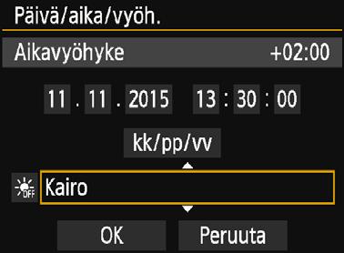 Avaa valikkonäyttö painamalla <M>-painiketta. 2 3 Valitse [52]-välilehdessä [Päivä/aika/vyöh.]. Valitse <Y> <Z> -painikkeilla [52]-välilehti. Valitse <W> <X> -painikkeilla [Päivä/aika/vyöh.