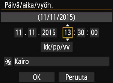 3 Päiväyksen, ajan ja vyöhykkeen määrittäminen 4 5 6 Määritä päiväys ja kellonaika. Valitse numero <Y> <Z> -painikkeilla. Paina <0>-painiketta, jotta <a> tulee näkyviin.