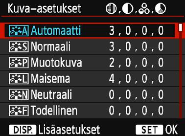 A Kohteeseen parhaiten soveltuvat kuvaominaisuudetn Valitsemalla kuva-asetuksen saat kuviin haluamasi kuvaominaisuudet, jotka sopivat tavoittelemaasi kuvalliseen ilmaisuun tai kuvan kohteeseen.