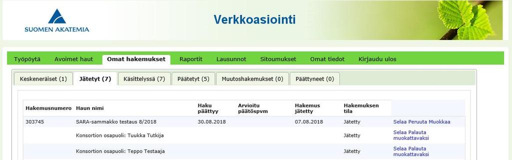 Kun konsortiohakemus on jätetty, löydät sen Omat hakemukset