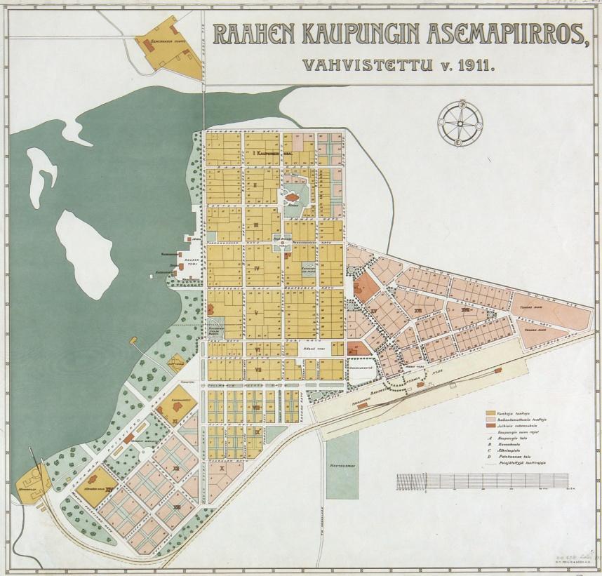 Vuonna 1911 vahvistettu Raahen kaupungin asemakaava. Karl Sandelin laati Raahen kaupungille asemakaavaa vuosina 1909 10. Kaava vahvistettiin Keisarillisessa armossa vuonna 1911.