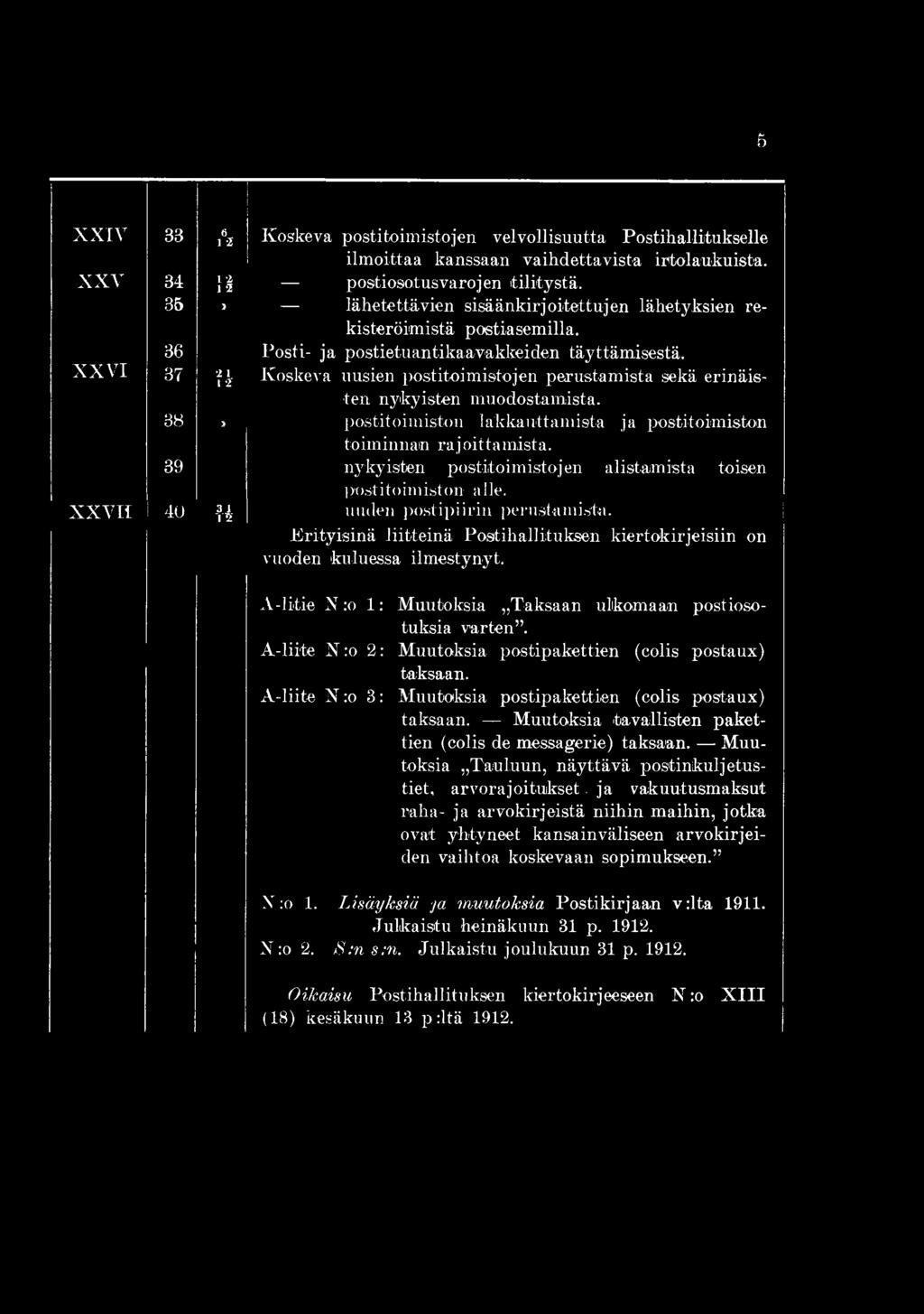 A-litie N:o 1: Muutoksia Taksaan ulkomaan postiosotuksia varten. A-liite N ro 2: Muutoksia postipakettien (colis postaux) taksaan. A-liite N ro 3: Muutoksia postipakettien (colis postaux) taksaan.