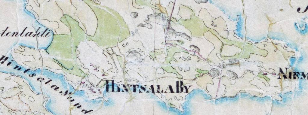 5 Ote vuoden 1848 kartasta (Mörne). Hinsalan alueen asutus sijoittuu tällä kartalla Hinsalan ja Niemenpään kyliin.