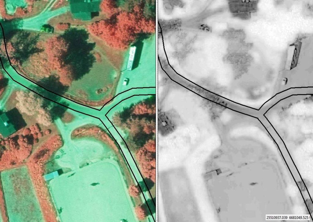 Kuva 4. Ortoilmakuva (vas) ja ortokuvasta laskettu NDVI-rasteri (oik). Tässä projektissa testattiin NDVI-rastereiden tuottamisessa sekä level02-kuvia että ortoilmakuvia.