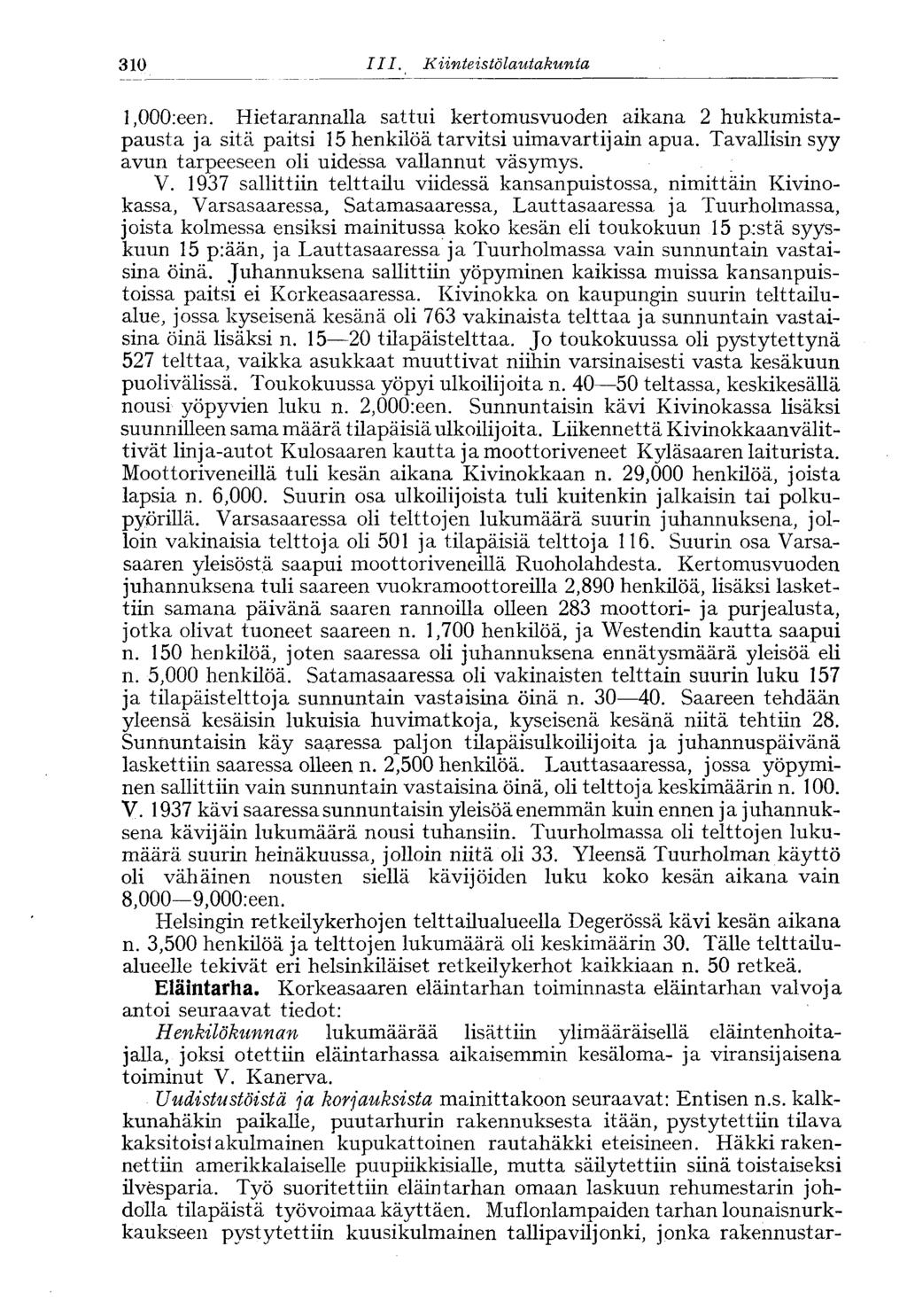 310 III. Kiinteistölautakunta l,000:een. Hietarannalla sattui kertomusvuoden aikana 2 hukkumistapausta ja sitä paitsi 15 henkilöä tarvitsi uimavartijain apua.