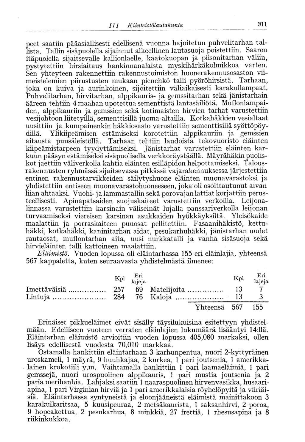 ///. Kiinteistölautakunta 311 peet saatiin pääasiallisesti edellisenä vuonna joitetun puhvelitarn tallista. Tallin sisäpuolella sijainnut alkeellinen lautasuoja poistettiin.