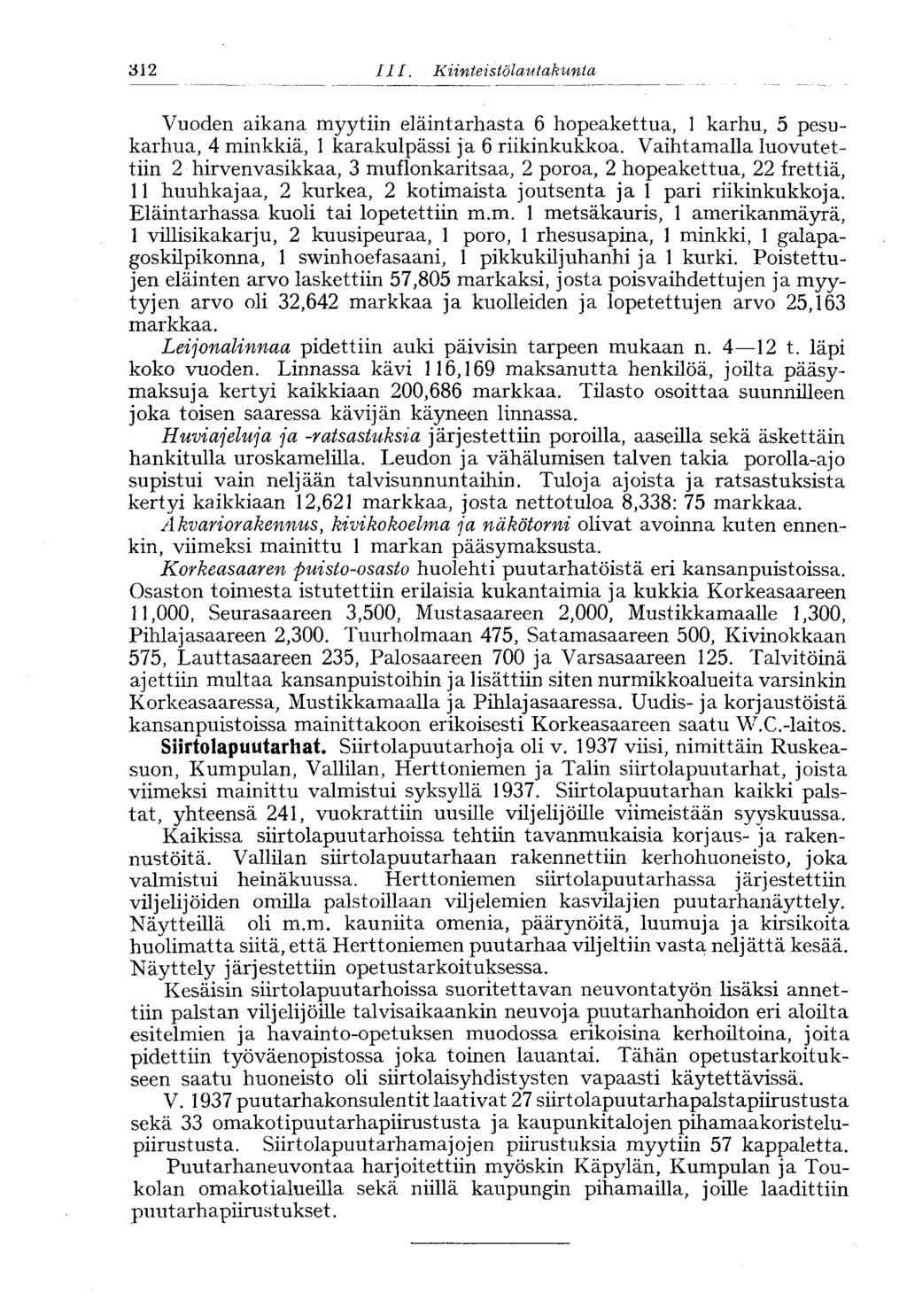 312 III. Kiinteistölautakunta Vuoden aikana myytiin eläintarsta 6 hopeakettua, 1 karhu, 5 pesukarhua, 4 minkkiä, 1 karakulpässi ja 6 riikinkukkoa.