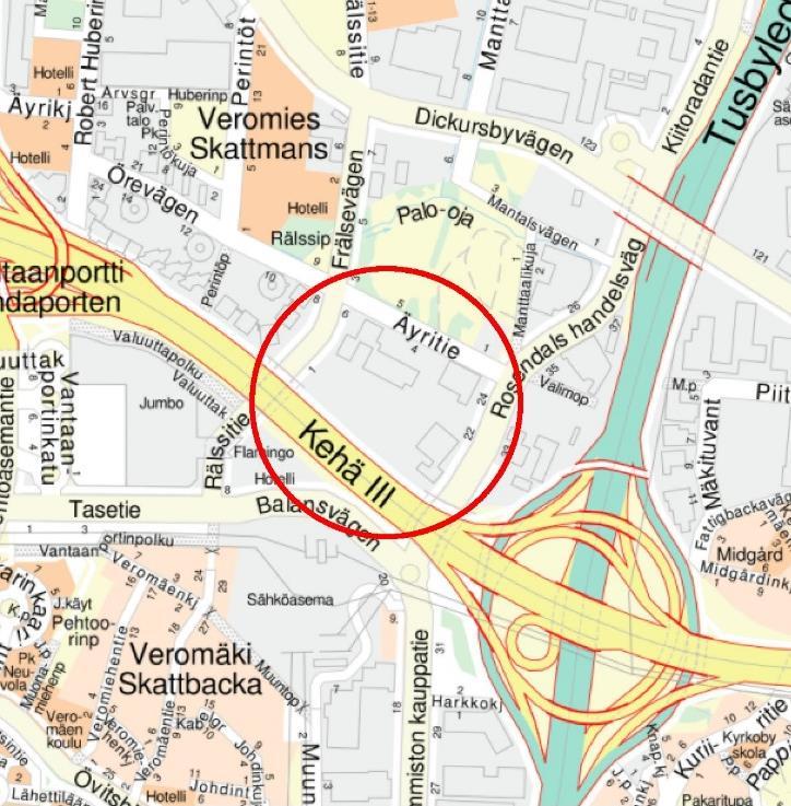 Äyritie 4. Kaavamuutosalue sijaitsee Veromiehen kaupunginosassa. Suunniteltava alue on kortteli 52300.