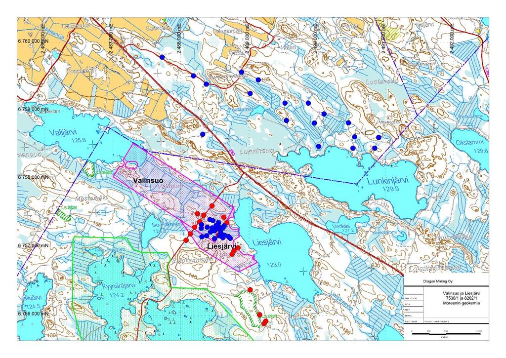 DRAGON MINING OY LOPPURAPORTTI Page 10 Kuva 3. Moreenigeokemian näytteenottopisteet vuosina 2002 (punaisella) ja 2006 (sinisellä) valtausalueilla ja niiden läheisyydessä. Figure 3.