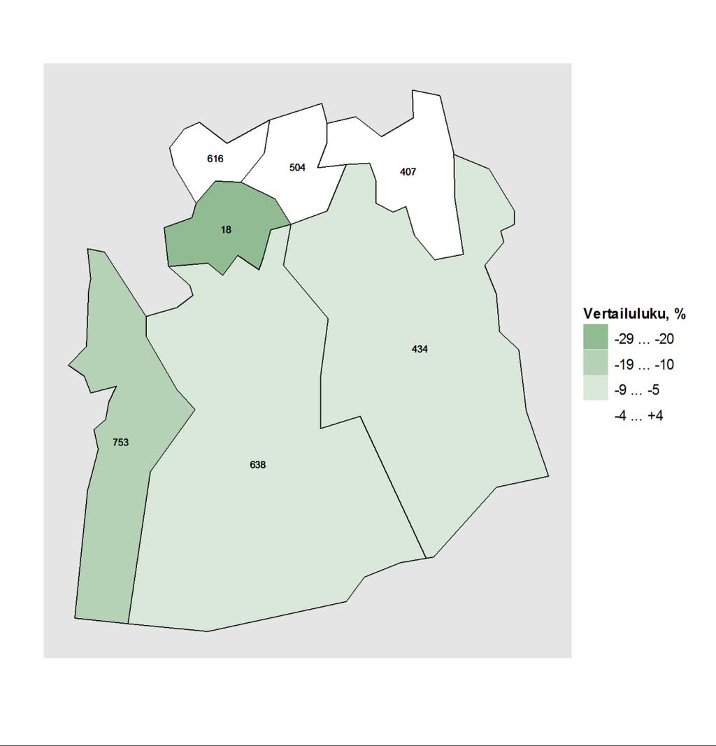 Kartta 1. Vammojen ja myrkytysten aiheuttamat hoitojaksot alueen kunnissa vuosina 2011 2015, vertailutiedot koko maan tilanteeseen. Kartta: Maanmittauslaitoksen Yleiskartta 1:4 500 000, 2011.