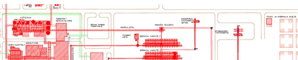 Biomassa varastot 2 kpl (kuori ja seulonta puru, sahanpuru) katettu teräs rakenne, pohjarakenne teräsbetonia myös kuljetin tunnelit ja lattia, pituus noin 100m.