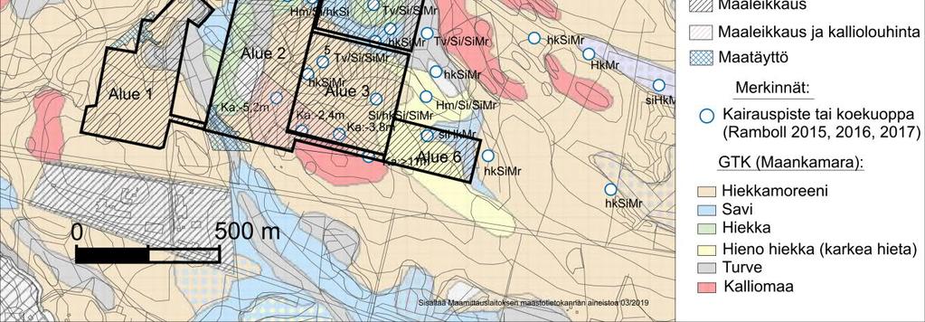 Yleispiirteisten rakennettavuusselvitysten (Ramboll Finland Oy 2015b, 2016, 2017) mukaan maaperä oli pääosin routivaa hiekkaista silttimoreenia ja silttimoreenia.