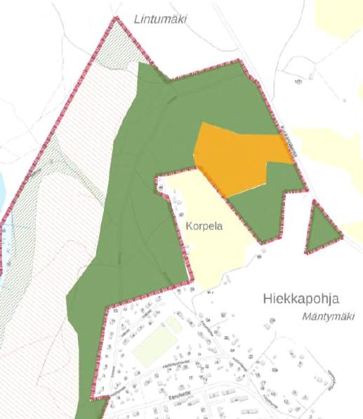 Kuva 4: Suunnittelualueen maisemarakenne. Ote ote luonto- ja maisemaselvityksen kartasta. Puusto on suurelta osin mäntyvaltaista.
